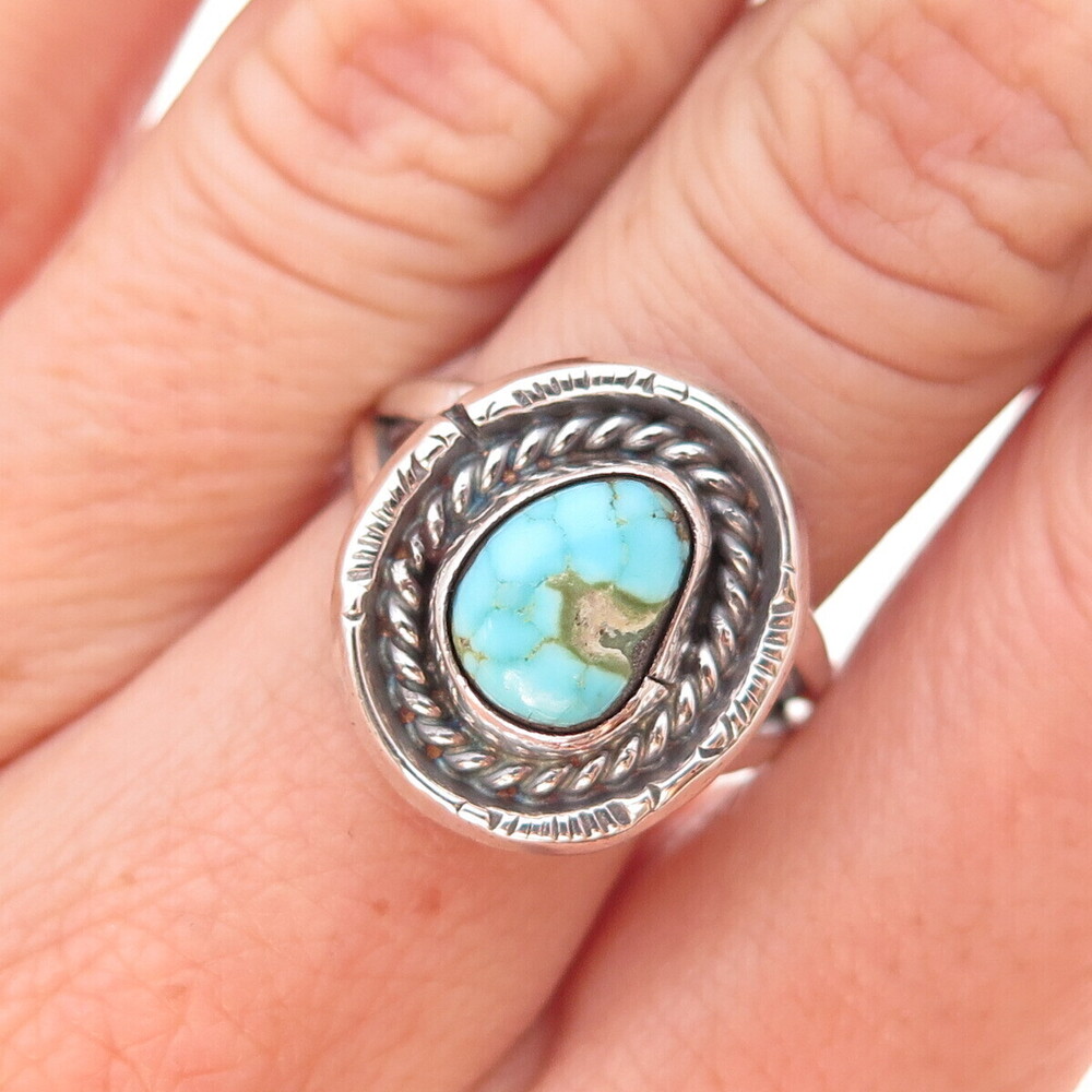 Old Pawn Sterling Silver Vintage Southwestern Turquoise Tribal Ring Size 7.75